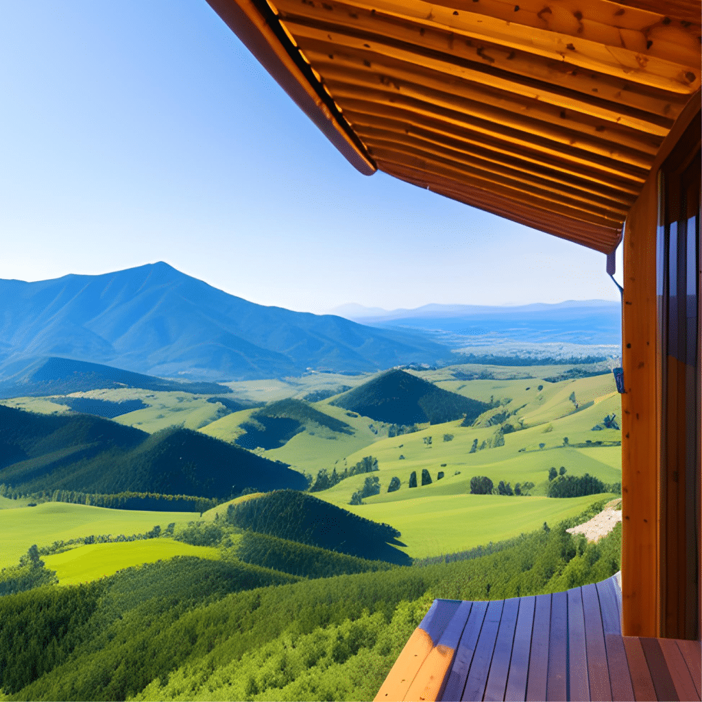 a house with a view of rolling hills and mountains